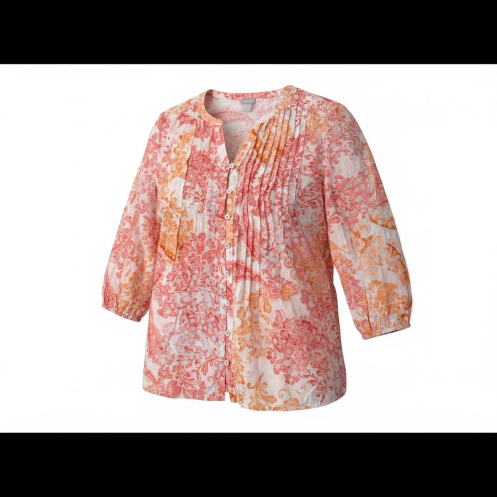 Chico's Women's Pink and Orange Paisley Pintuck Button Front 3/4 Sleeve Blouse